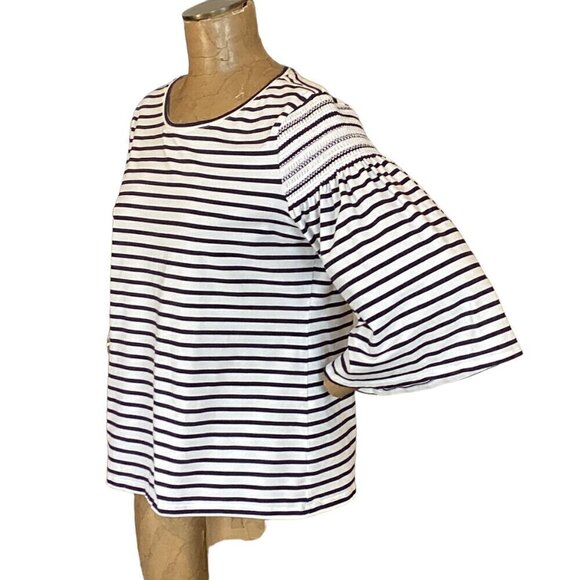 Chico's Breton Stripe Knit Top Sz 2 (L/12) Smock Shoulder Bell-Flare Sleeve 296H - Picture 7 of 12